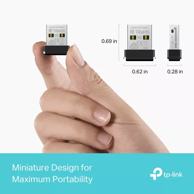 Belaidis USB adapteris TP‑Link Archer TX1U Nano Wi‑Fi 6 (IEEE 802.11ax) Dual‑Band 2,4/5 GHz, 287 Mbit/s, Bluetooth, USB 2.0, Juodas