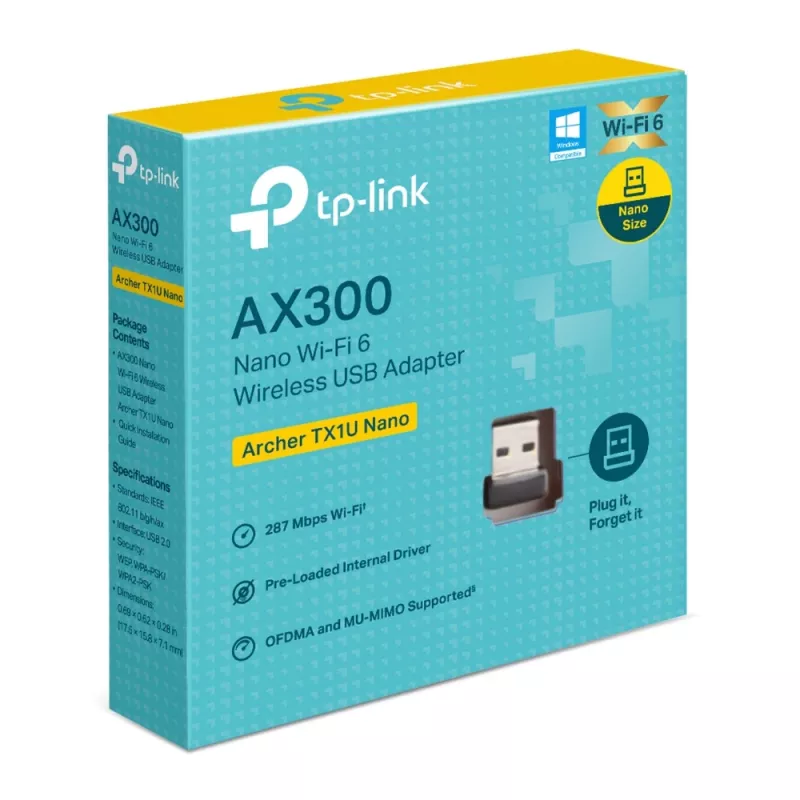 Belaidis USB adapteris TP‑Link Archer TX1U Nano Wi‑Fi 6 (IEEE 802.11ax) Dual‑Band 2,4/5 GHz, 287 Mbit/s, Bluetooth, USB 2.0, Juodas