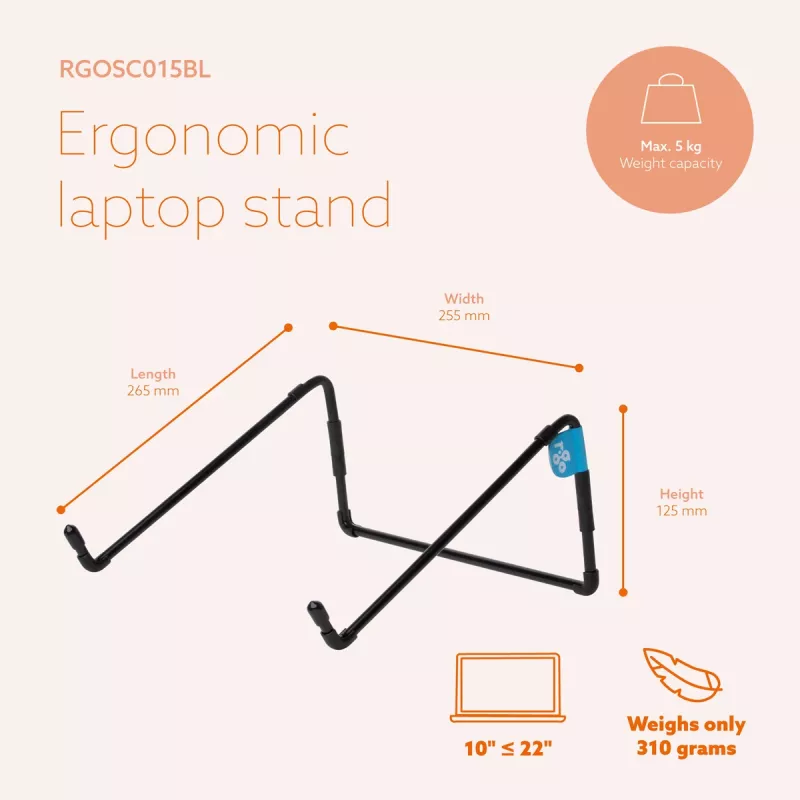 R-Go Tools nešiojamojo kompiuterio stovas R-Go Steel Travel, ergonomiškas ir sulankstomas, tinka 10–22 colių nešiojamam kompiuteriui, juodas