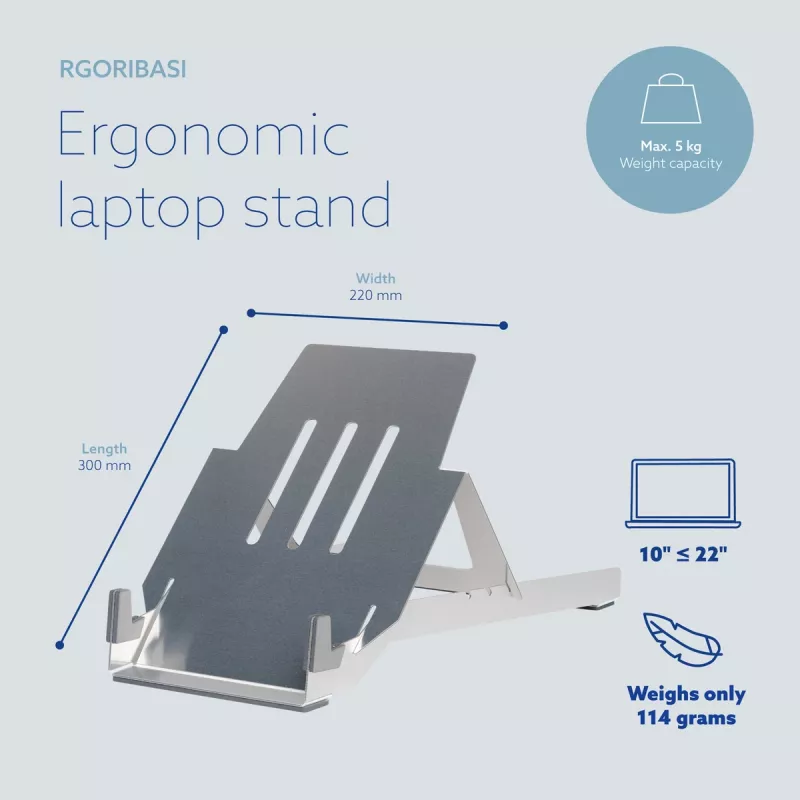 R-Go Tools nešiojamojo kompiuterio stovas R-Go Riser Basic, sulankstomas ir reguliuojamas, aliuminis, sidabrinis