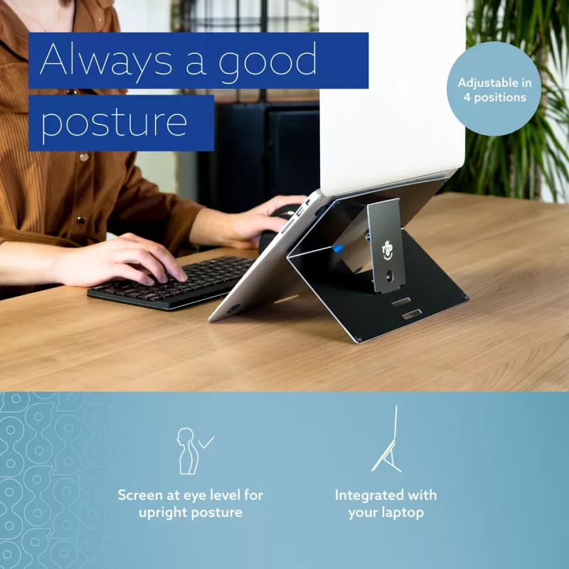 R-Go Tools stovas nešiojamam kompiuteriui R-Go Riser Attachable, reguliuojamas, integruojamas su nešiojamu kompiuteriu, aliuminis, juodas