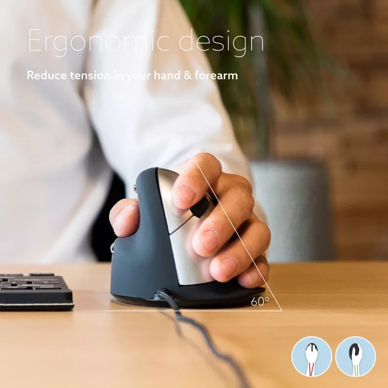 R-Go HE Break ergonominė vertikali pelė su pertraukų programine įranga, didelė (rankos dydis ≥ 185 mm), kairiarankiams, laidinė, juoda