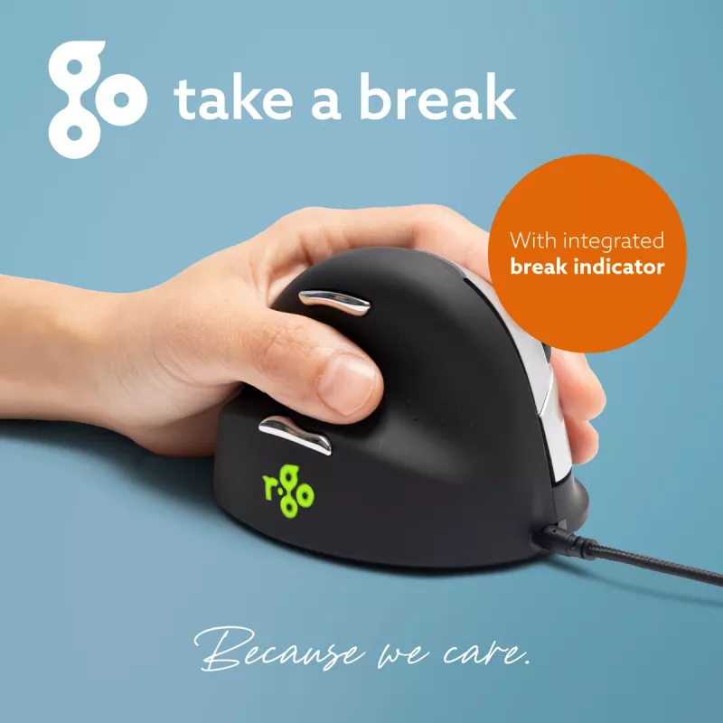 R-Go HE Break ergonominė vertikali pelė su pertraukų programine įranga, didelė (rankos dydis ≥ 185 mm), kairiarankiams, laidinė, juoda