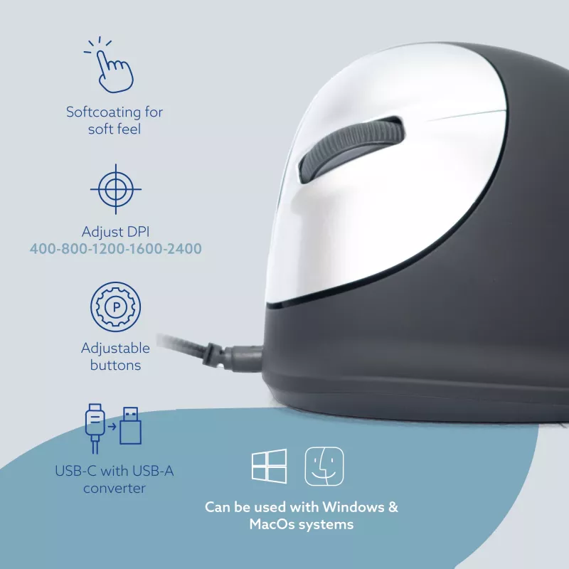 R-Go HE Break ergonominė vertikali pelė su pertraukų programine įranga, didelė (rankos dydis ≥ 185 mm), kairiarankiams, laidinė, juoda