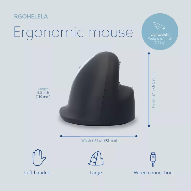R-Go HE Break ergonominė vertikali pelė su pertraukų programine įranga, didelė (rankos dydis ≥ 185 mm), kairiarankiams, laidinė, juoda
