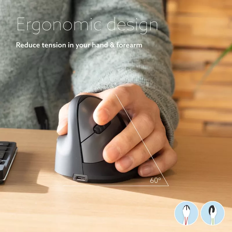 R-Go Tools ergonominė pelė R-Go HE Break su pertraukų programine įranga, vidutinė (rankos dydis 165-185 mm), kairiarankiams, Bluetooth, juoda