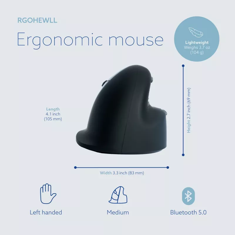 R-Go Tools ergonominė pelė R-Go HE Break su pertraukų programine įranga, vidutinė (rankos dydis 165-185 mm), kairiarankiams, Bluetooth, juoda