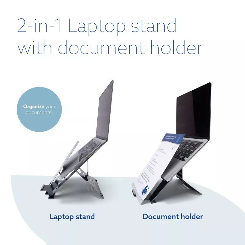 R-Go Tools nešiojamojo kompiuterio stovas R-Go Riser Document, ergonomiškas, sulankstomas ir reguliuojamas stovas su dokumentų laikikliu, juodas