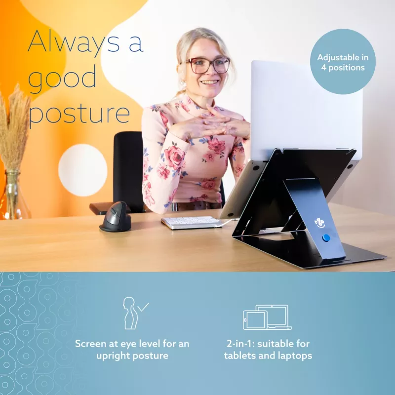 R-Go Tools planšetės ir nešiojamojo kompiuterio stovas R-Go Riser Duo, tinka 10–22 colių ekranui, juodas