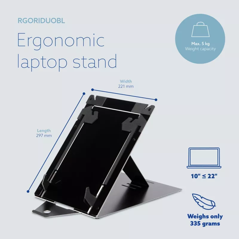 R-Go Tools planšetės ir nešiojamojo kompiuterio stovas R-Go Riser Duo, tinka 10–22 colių ekranui, juodas