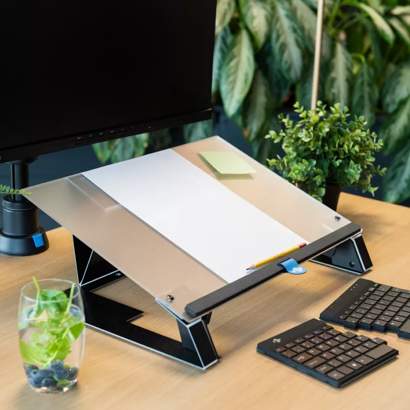 R-Go Tools dokumentų laikiklis R-Go Read2Write, tinkamas skaitymui ir rašymui, ergonomiškas, su minkšta putplasčio riešo atrama, matinis akrilas