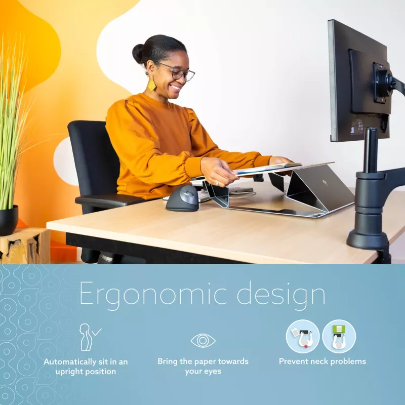 R-Go Tools dokumentų laikiklis R-Go Read2Write, tinkamas skaitymui ir rašymui, ergonomiškas, su minkšta putplasčio riešo atrama, matinis akrilas