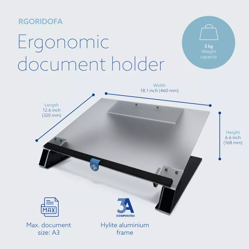 R-Go Tools dokumentų laikiklis R-Go Read2Write, tinkamas skaitymui ir rašymui, ergonomiškas, su minkšta putplasčio riešo atrama, matinis akrilas