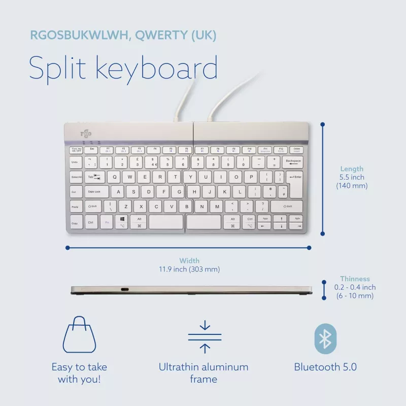 Ergonominė klaviatūra R-Go Split Break su pertraukų programine įranga, QWERTY (UK), Bluetooth, balta
