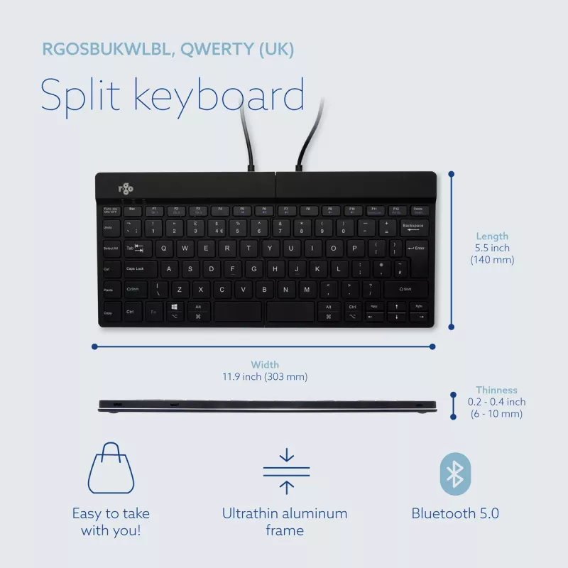 Ergonominė klaviatūra R-Go Tools Split Break su pertraukų programine įranga, QWERTY (UK), Bluetooth, juoda