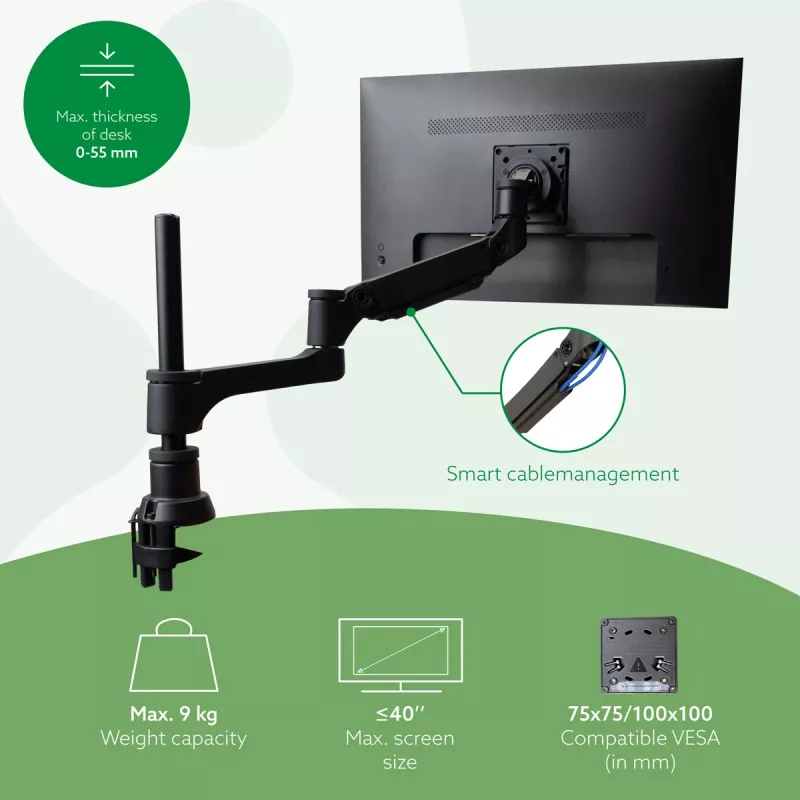 Monitoriaus rankena R-Go Caparo Single, pilnai reguliuojama su dujine spyruokle, 3-9 kg keliamoji galia, 100% žiedinė, juoda