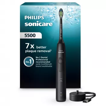 Sonic dantų šepetėlis Philips 5500 HX7111/01 — 62 000 jud./min, 2 režimai, slėgio daviklis, įkraunamas, juodas