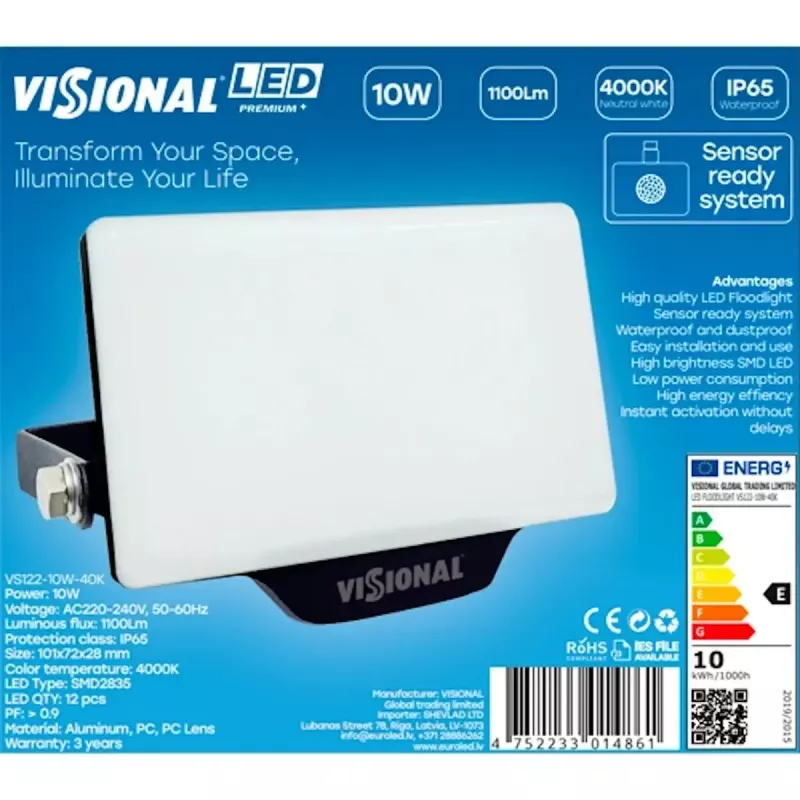 LED sieninis šviestuvas VISIONAL VS122-10W-40K — 10 W, 1100 lm, 4000 K, išorės fasadams