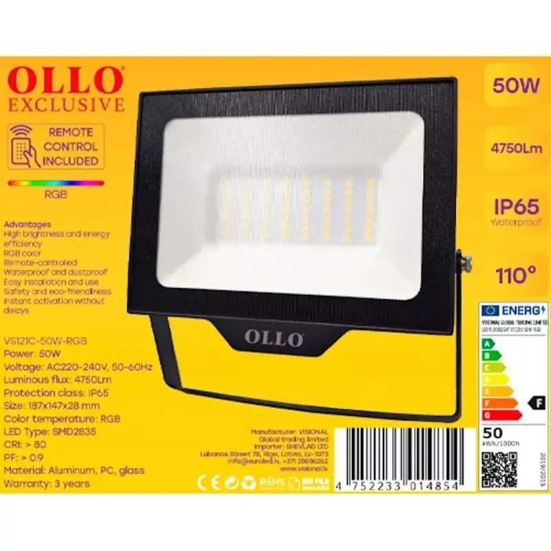 LED prožektorius lauko OLLO VS121C-50W-RGB — 50 W, 4750 lm, RGB