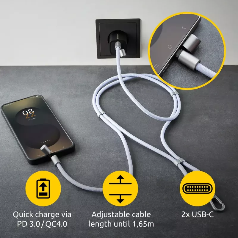 Intenso USB-C įkrovimo laidinis telefoninis pakabukas 60W greitas įkrovimas, reguliuojamas ilgis 1,65m nailonas violetinis