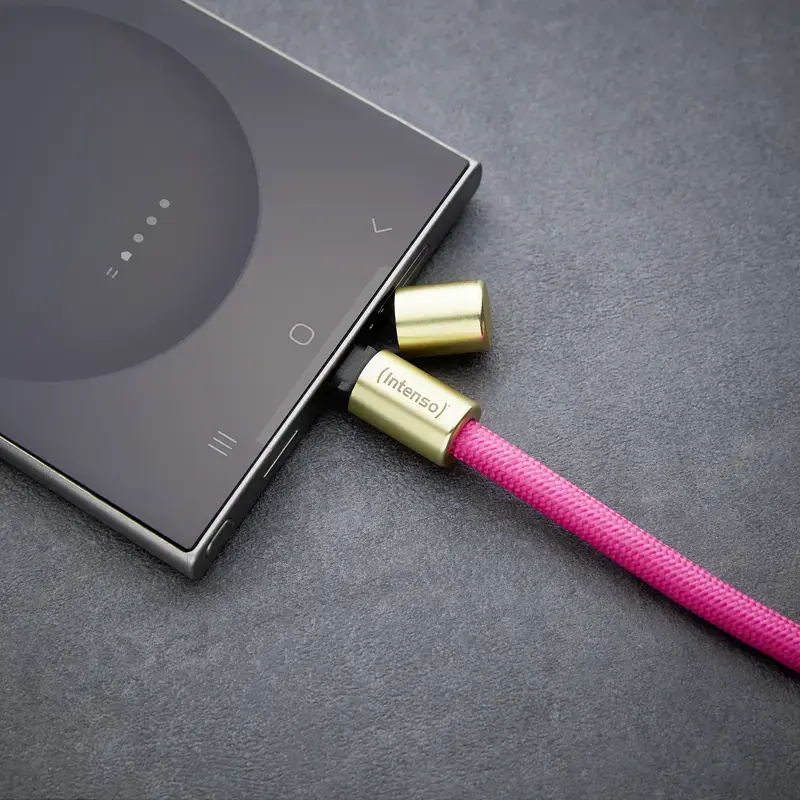 Intenso USB-C įkrovimo dirželis telefonui 60W greitas įkrovimas reguliuojamas ilgis 1,65m nailonas neon rožinė