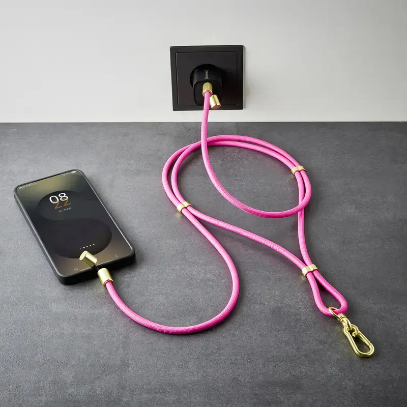Intenso USB-C įkrovimo dirželis telefonui 60W greitas įkrovimas reguliuojamas ilgis 1,65m nailonas neon rožinė