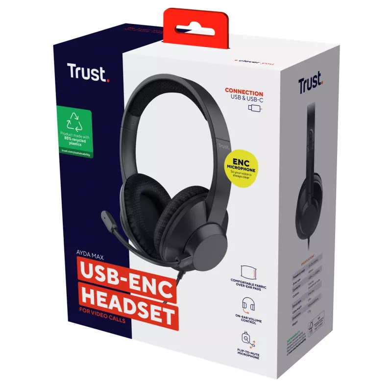 Trust Ayda Max ausinės su mikrofonu, laidinės, ant ausų, USB-C / USB-A, juodos