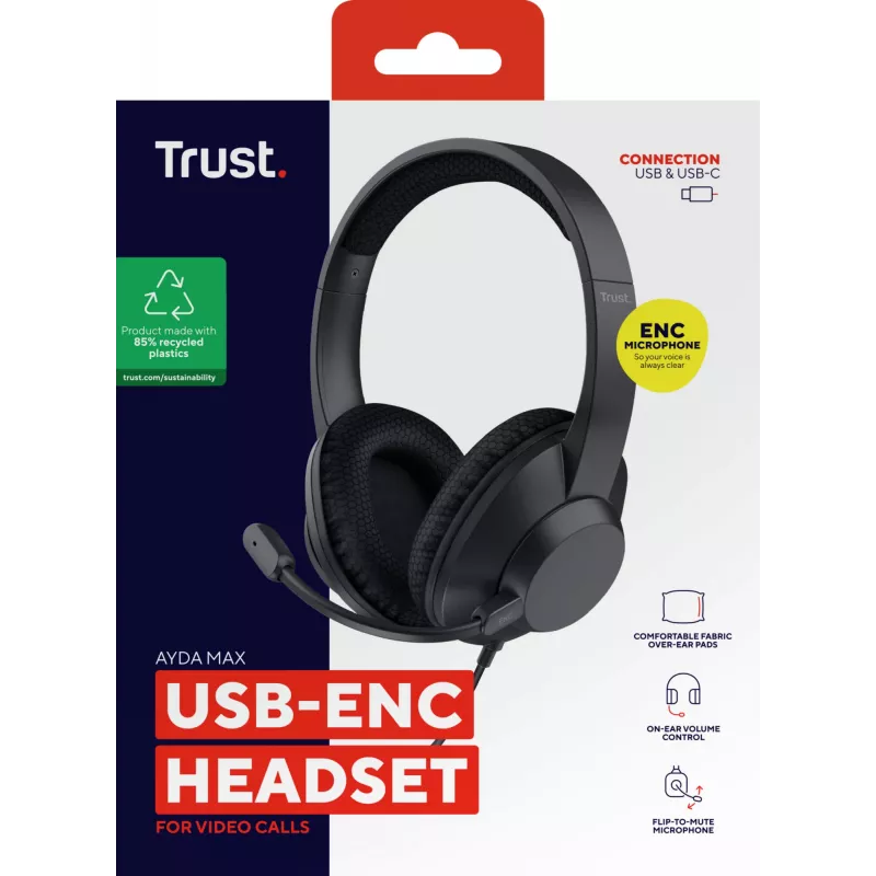 Trust Ayda Max ausinės su mikrofonu, laidinės, ant ausų, USB-C / USB-A, juodos
