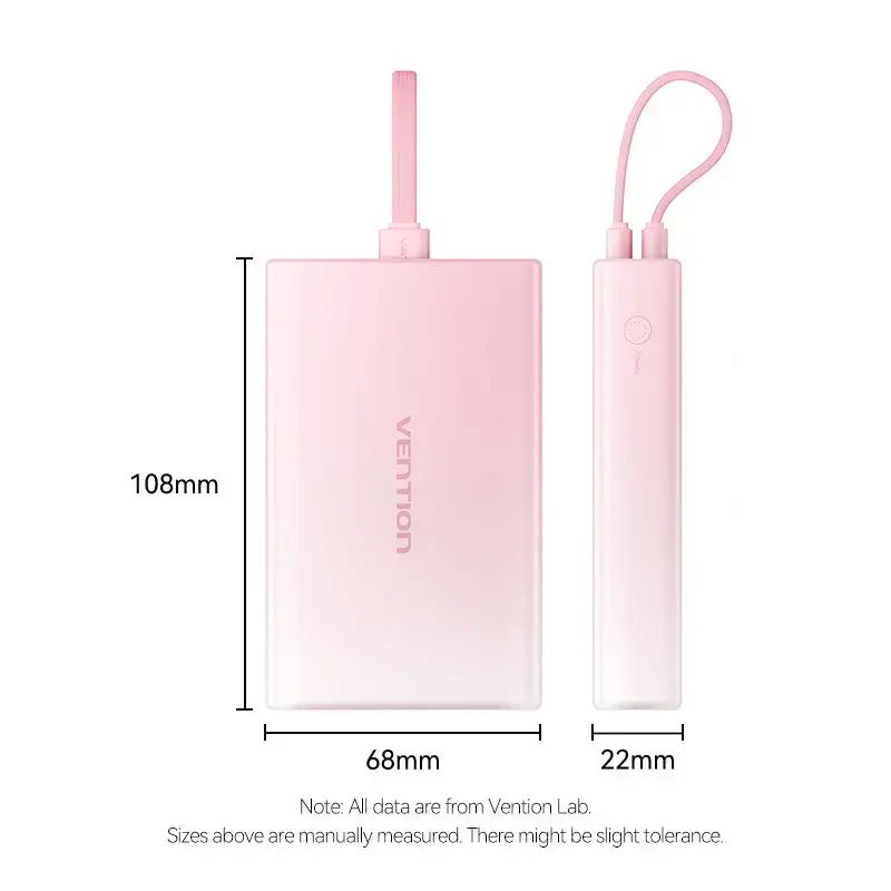Power Bank Vention 10000mAh (USB-C, Lightning, USB-A) 22,5W LED ekranas Rožinė