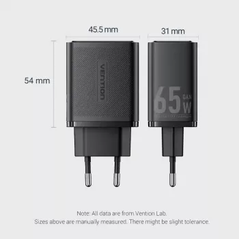 Vention FERW0-EU 65W spartusis AC kroviklis nešiojamam kompiuteriui, išmaniajam telefonui, planšetei, išmaniajam laikrodžiui, ausinėms, 2× USB-C, baltas