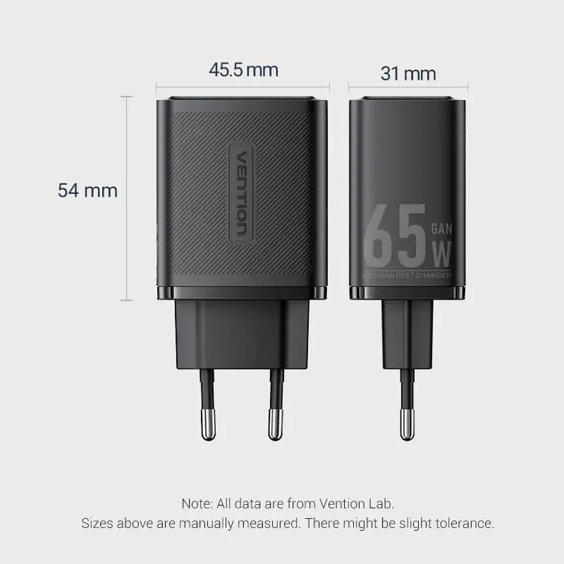 Vention FERW0-EU 65W spartusis AC kroviklis nešiojamam kompiuteriui, išmaniajam telefonui, planšetei, išmaniajam laikrodžiui, ausinėms, 2× USB-C, baltas