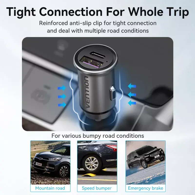 Automobilinis įkroviklis Vention Two-Port USB A+C (18/20) pilkas mini stiliaus aliuminio lydinys