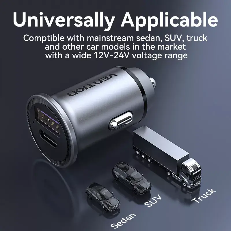 Automobilinis įkroviklis Vention Two-Port USB A+C (18/20) pilkas mini stiliaus aliuminio lydinys