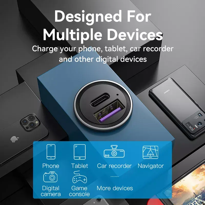 Automobilinis įkroviklis Vention Two-Port USB A+C (18/20) pilkas mini stiliaus aliuminio lydinys