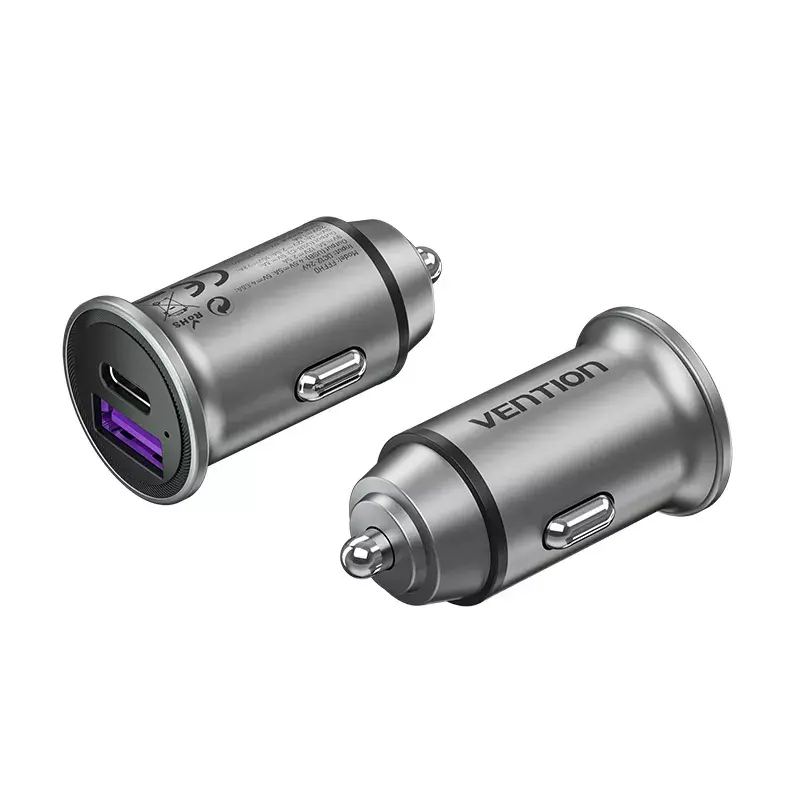 Automobilinis įkroviklis Vention Two-Port USB A+C (18/20) pilkas mini stiliaus aliuminio lydinys