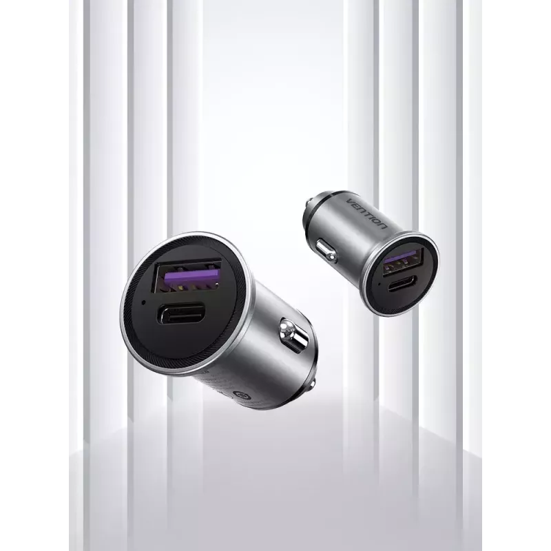 Automobilinis įkroviklis Vention Two-Port USB A+C (18/20) pilkas mini stiliaus aliuminio lydinys