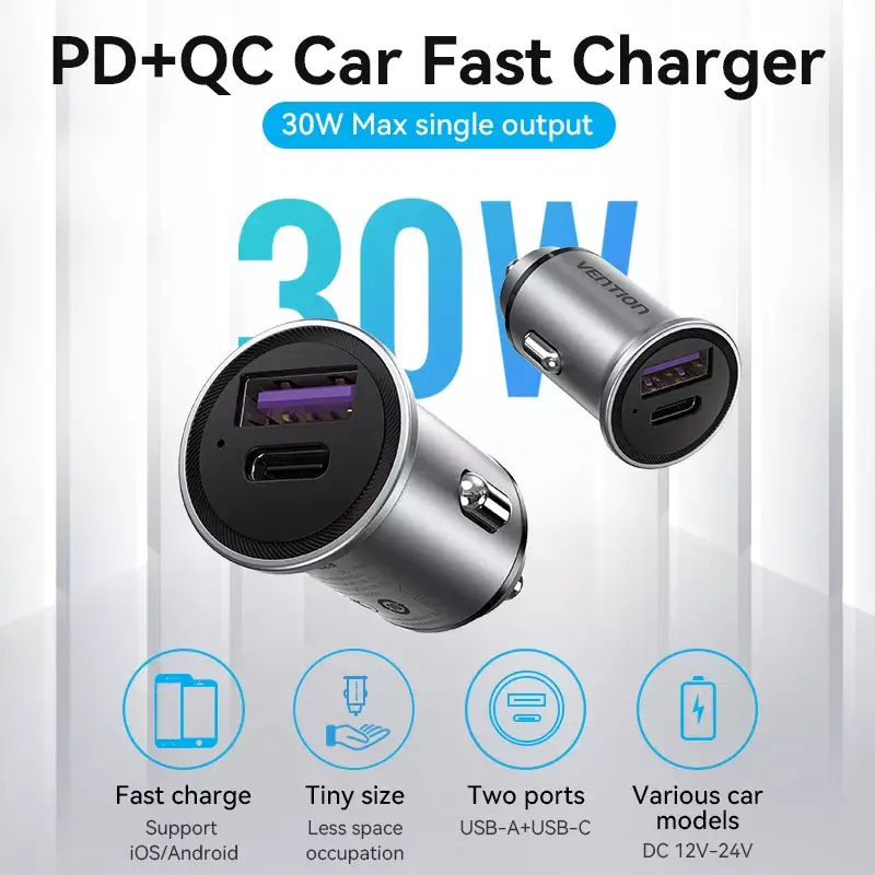 Automobilinis įkroviklis Vention Two-Port USB A+C (18/20) pilkas mini stiliaus aliuminio lydinys