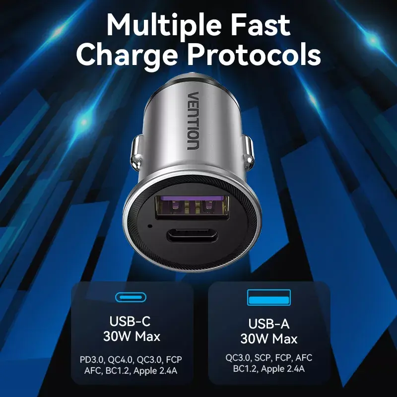 Automobilinis įkroviklis Vention Two-Port USB A+C (18/20) pilkas mini stiliaus aliuminio lydinys