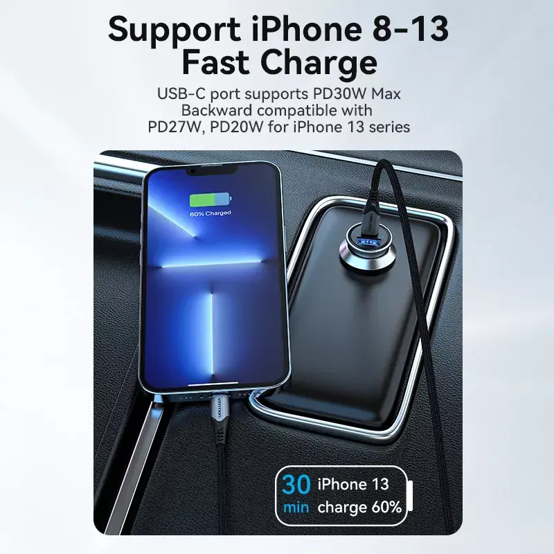 Automobilinis įkroviklis Vention Two-Port USB A+C (18/20) pilkas mini stiliaus aliuminio lydinys