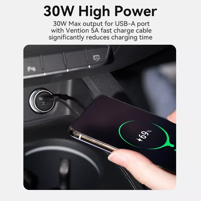 Automobilinis įkroviklis Vention Two-Port USB A+C (18/20) pilkas mini stiliaus aliuminio lydinys