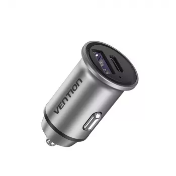 Automobilinis įkroviklis Vention Two-Port USB A+C (18/20) pilkas mini stiliaus aliuminio lydinys