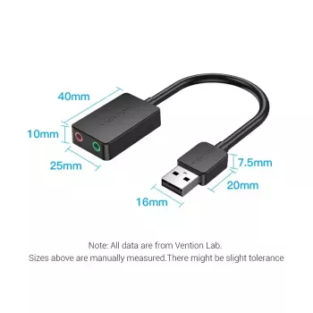 Vention 2 prievadų USB išorinė garso plokštė 0,15 m Juoda 2.1 kanalai 16 bit