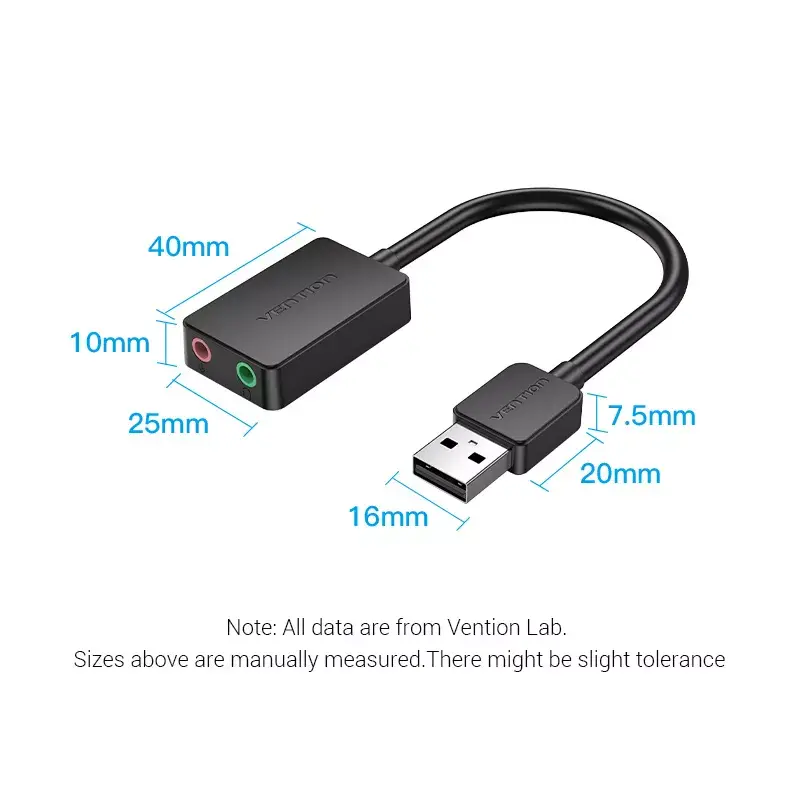 Vention 2 prievadų USB išorinė garso plokštė 0,15 m Juoda 2.1 kanalai 16 bit