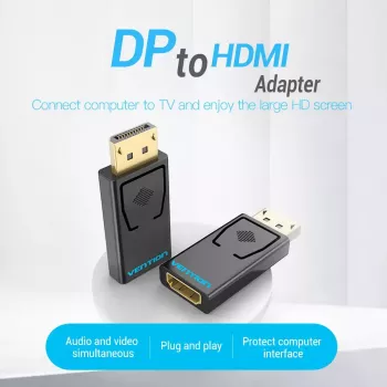Vention HBKB0 adapteris DisplayPort į HDMI – DP (vyras) į HDMI (moteris), juodas, auksuoti kontaktai