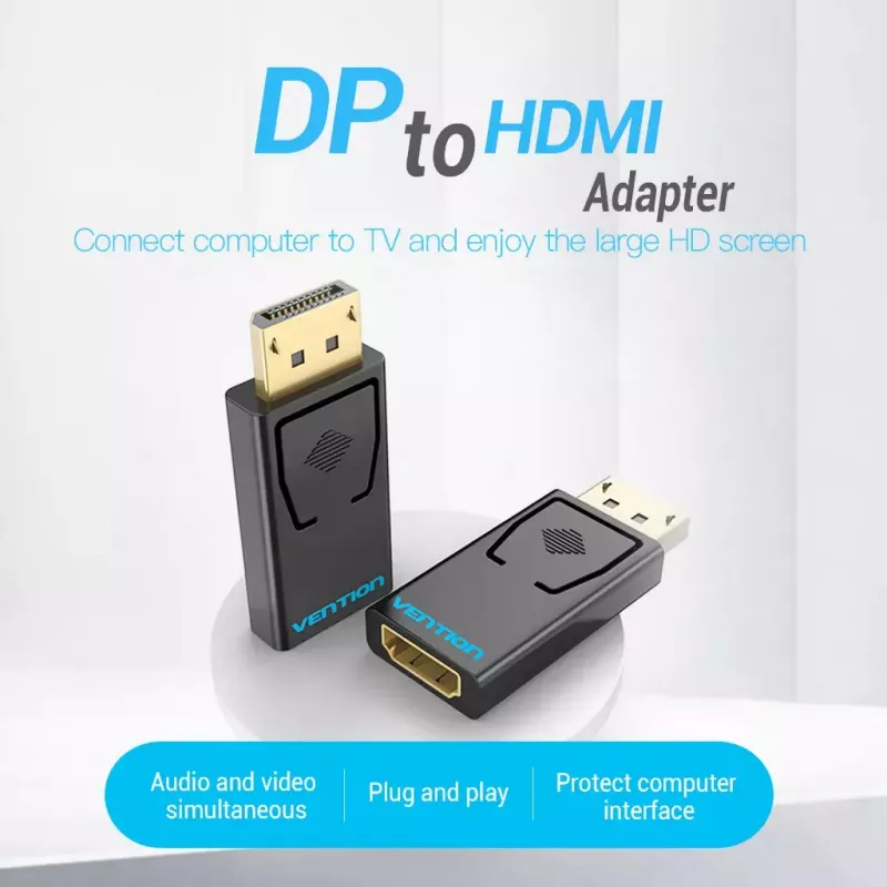 Vention HBKB0 adapteris DisplayPort į HDMI – DP (vyras) į HDMI (moteris), juodas, auksuoti kontaktai