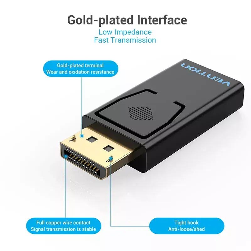 Vention HBKB0 adapteris DisplayPort į HDMI – DP (vyras) į HDMI (moteris), juodas, auksuoti kontaktai