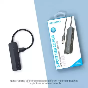 USB 2.0 šakotuvas Vention 3 prievadai su 100M Ethernet adapteriu, USB 2.0 pagrindinis, 4 prievadai, juodas