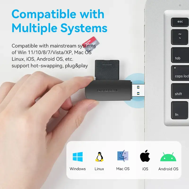 Vention 2-in-1 USB 3.2 Gen 1 (USB 3.0) kortelių skaitytuvas — SD ir MicroSD, juodas, kompaktiškas