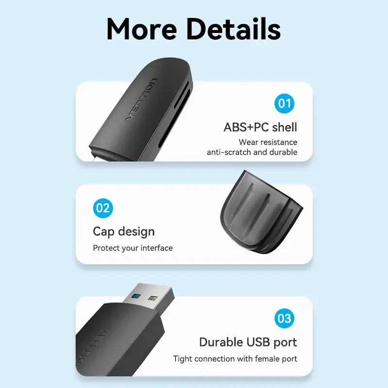 Vention 2-in-1 USB 3.2 Gen 1 (USB 3.0) kortelių skaitytuvas — SD ir MicroSD, juodas, kompaktiškas