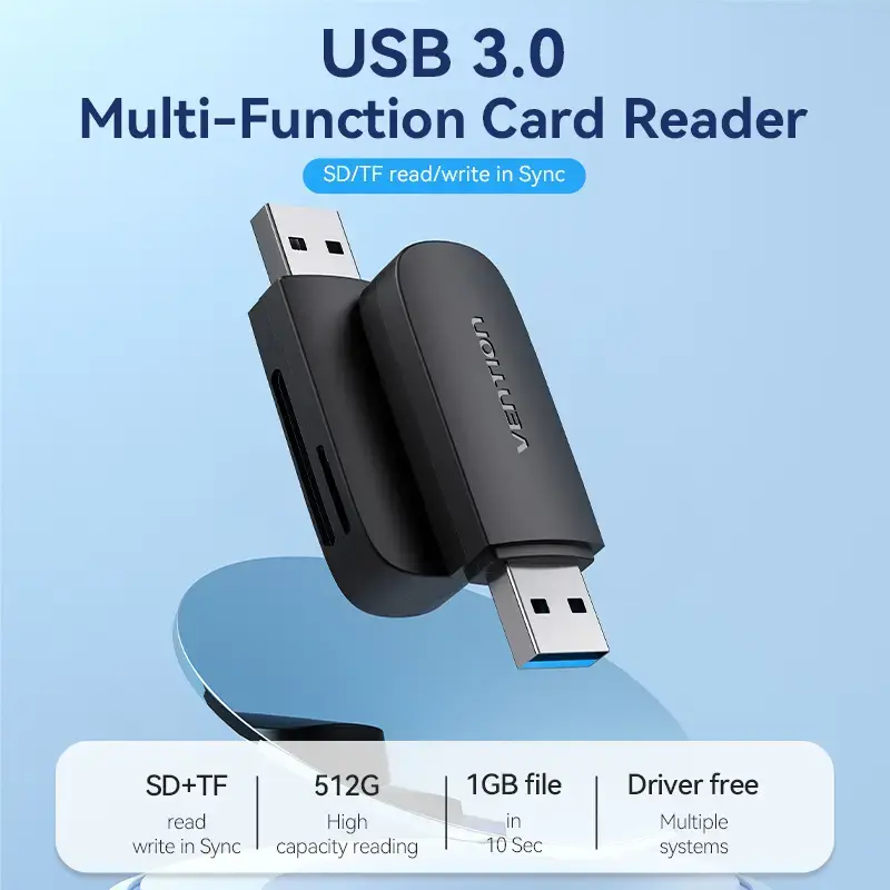 Vention 2-in-1 USB 3.2 Gen 1 (USB 3.0) kortelių skaitytuvas — SD ir MicroSD, juodas, kompaktiškas